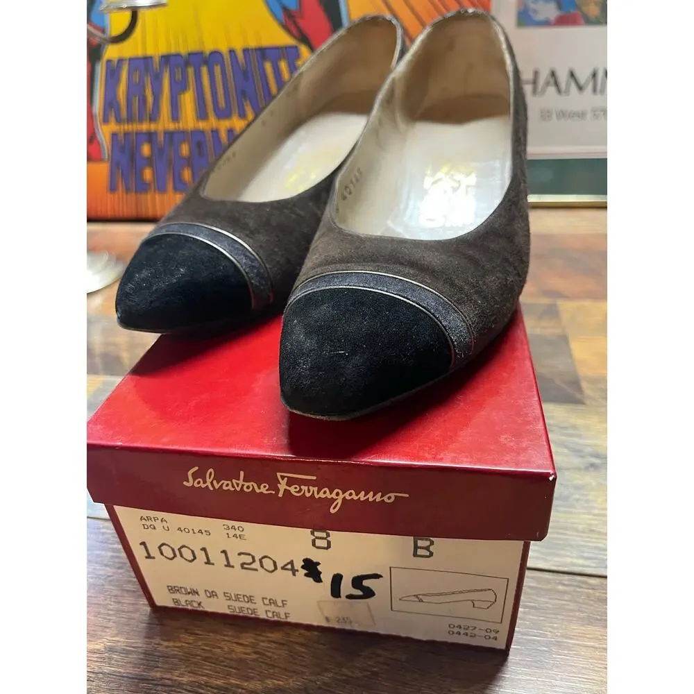 Vintage Estate Salvatore Ferragamo Brown and Black Suede Heels w/OG Box Sz 8B
